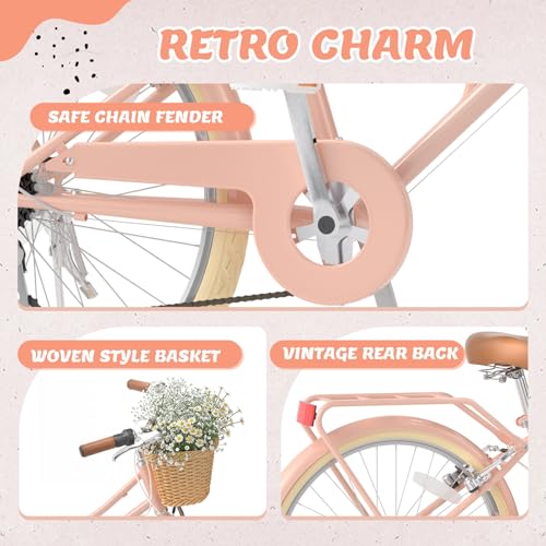 Image of XJD 20 24 26 Inch Girls Bike, 7-Speed Beach Cruiser Bike for Girls Youth and Over 6 Years Old, Kids Bicycles with Dual V-Brakes Rear Rack & Wicker Basket