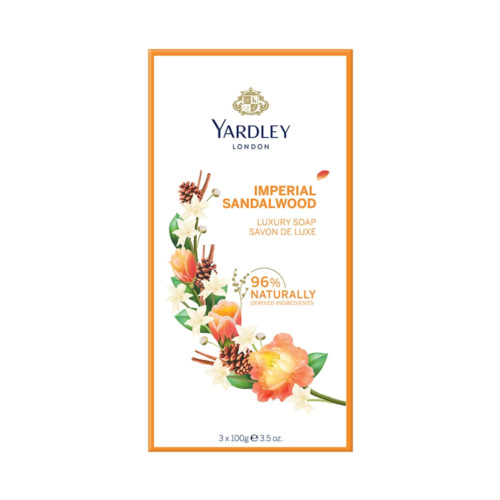 Yardley Imperial Sandalwood Soap - 100g(Pack of 3) | Long Lasting, Rich & Creamy Lather | Beautiful Scented Fragrance | Orange Color