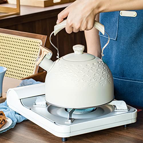 Whistling Tea Kettle Stainless Steel Tea Pots For Stove Top Stylish Kettle With Wood Pattern Anti-Slip Handle,2.6 Quart, Beige #TOP6