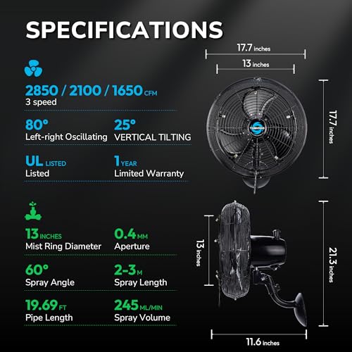 Image of Tornado 16 Inch Outdoor Wall Mount Fan with Pre-Installed Misting Kit for Patio Barn Greenhouse, 3-Speed Ball Bearing Motor, 3300 CFM High Velocity, IPX4 Water-Resistant, 5 Brass Nozzles Misting