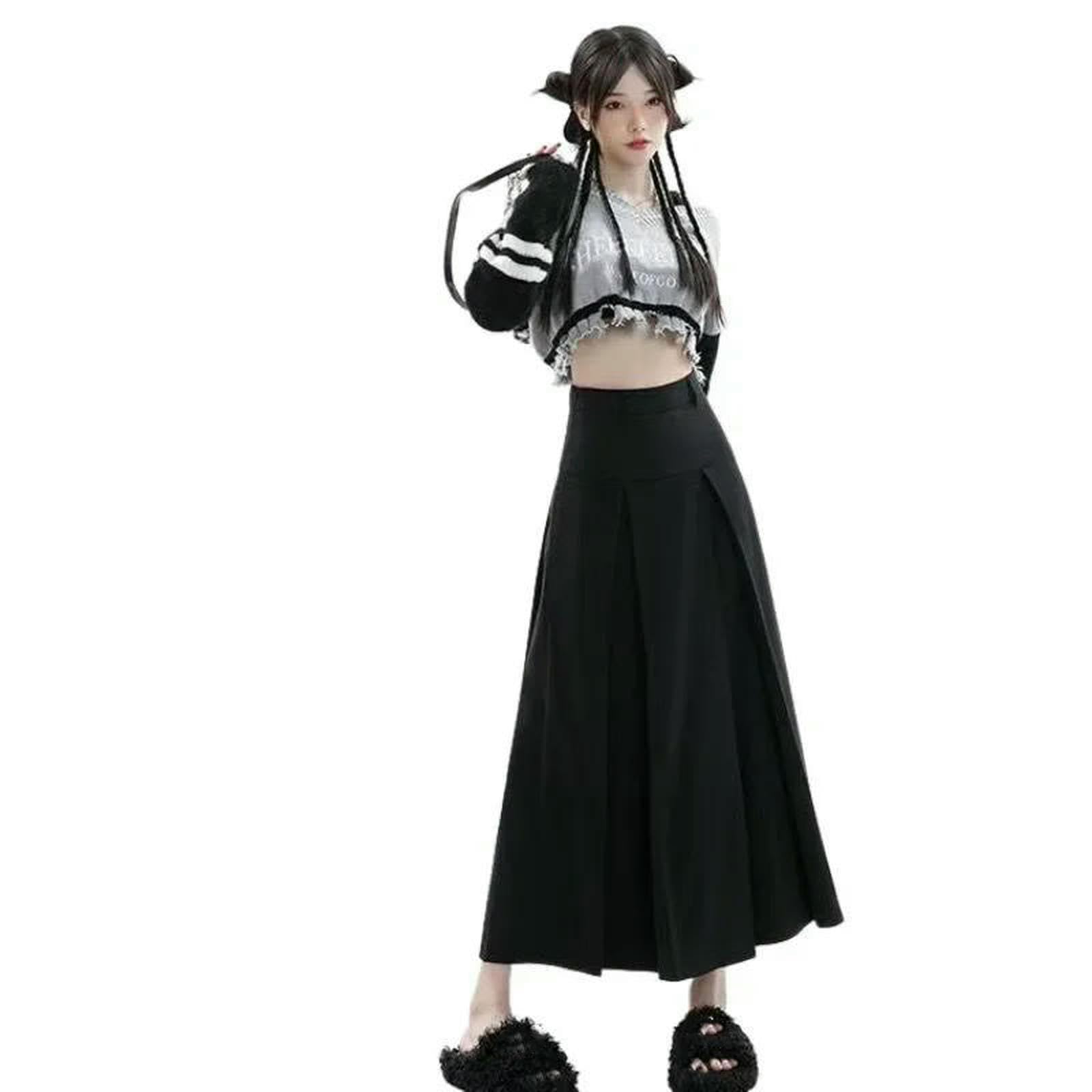 Langer Rock Damen College-Stil Frauen Faltenrock Frühling Sommer Hohe Taille Lange Röcke Frau Grau A-Linie Midi-Rock-schwarz-l