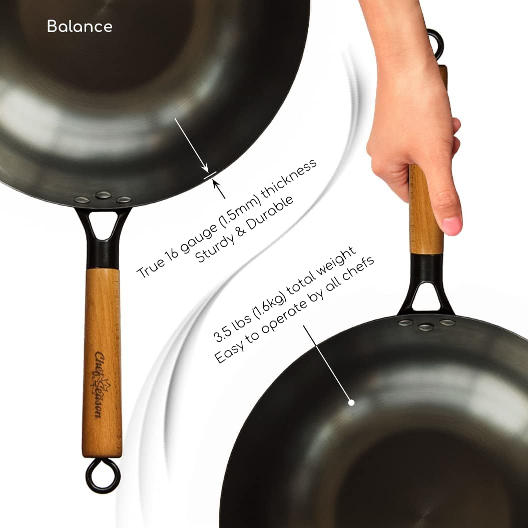 ChefSeason Professional 12.6" Flat Bottom Carbon Steel Wok Pan with Wooden Handle, 100% Coating-Free, Pre-Seasoned, Fits Gas, electric and induction Cooktop. Free Shopping Tote Bag: Home & Kitchen