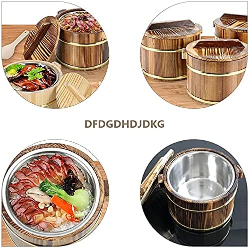 WSHA Carbonization Sushi Oke Rice Mixing Tub, Wooden Hangiri Sushi Rice Bowl Bucket with DLiner and Lid for Restaurant Home Kitchen, 18cm/ 7inch