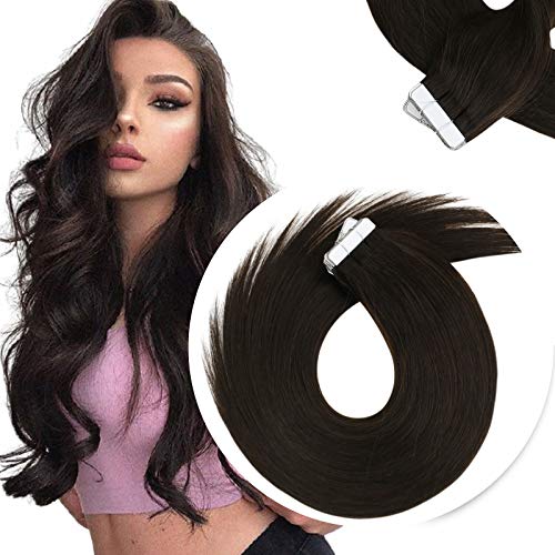 Sunny 22inch Hair Exensions Tape in Silky Human Hair Extensions Adhesive Tape in Extensions #2 Darkest Brown Tape in Remy Extensions 40pcs 100g