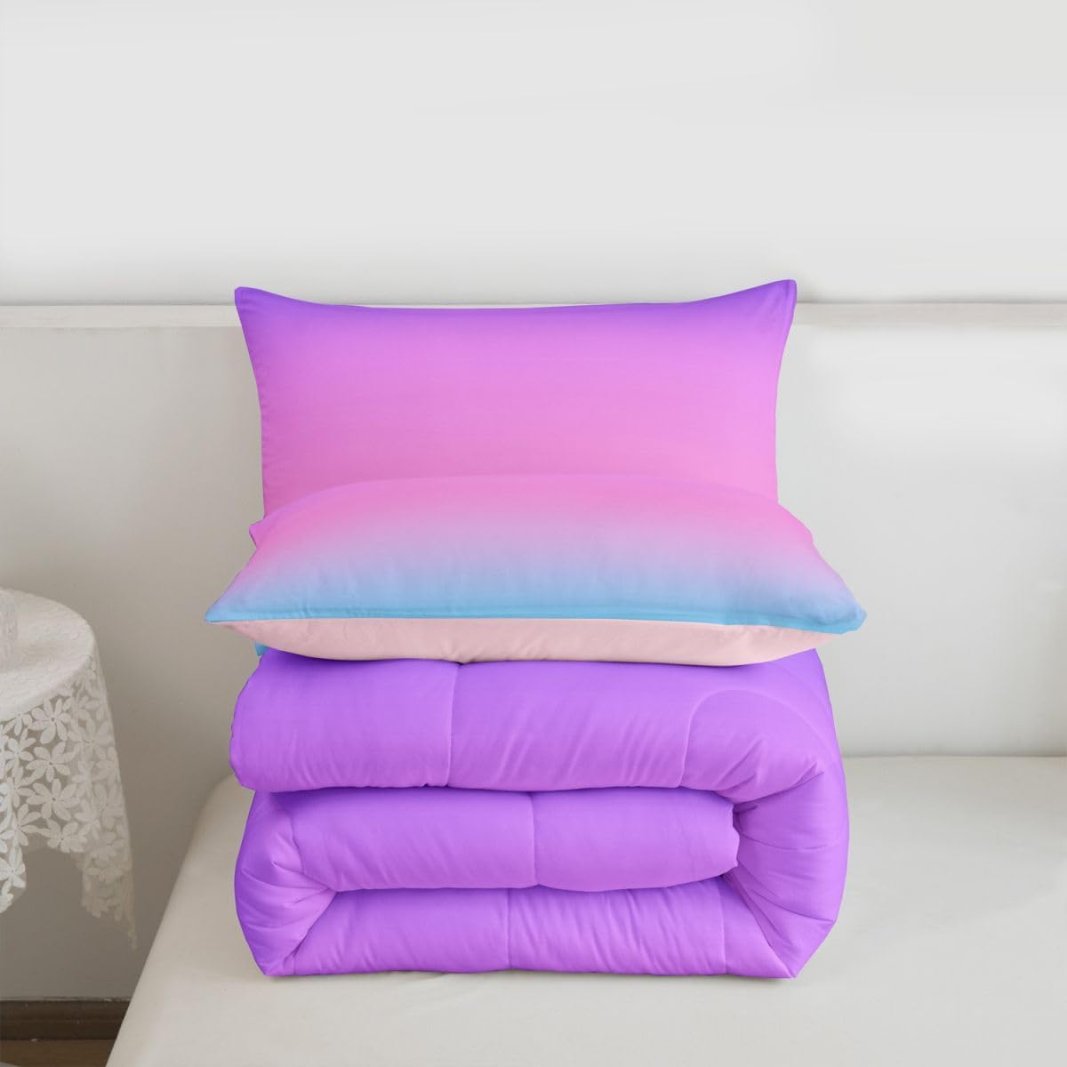 Feelyou Blue and Pink Ombre Comforter Set Twin Size Girls Rainbow Comforter image 3