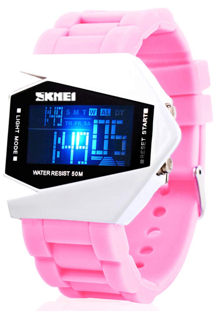 Men Sports Military Watches Digital Airplane Shaped LED Colorful Light Watches (Light Pink)
