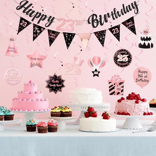 Image of 23rd Birthday Decorations for Women Rose Gold Pink Pre Strung Happy 23rd Birthday Banner and Hanging Swirls 23 Year Old Party Decorations Supplies
