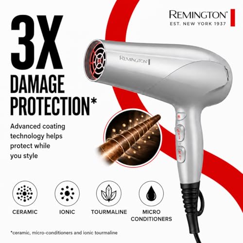 Image of Remington Damage Protection Hair Dryer with Ceramic Ionic Tourmaline Technology, Grey, Diffuser and Concentrator, 3 Piece Set