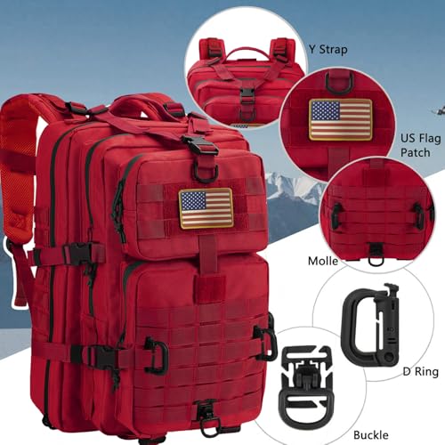 Image of Hannibal Tactical MOLLE Assault Backpack, Tactical Backpack Military Army Camping Rucksack, 3-Day Pack Trip w /USA Flag Patch, D-Rings, Red