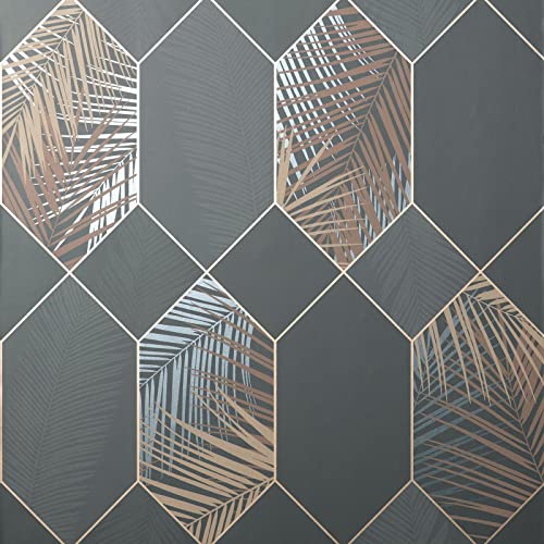 Miami Trellis Geometric Leaf Wallpaper Charbon/Cuivre Fine Decor FD42833 Cover