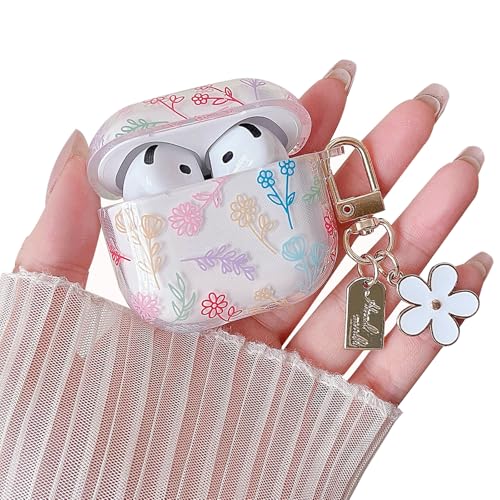 Image of MINSCOSE Compatible with AirPods 4 Clear Case,Cute Flower Floral Aesthetic Design with Flowers Keychain, Soft TPU Protective Shockproof Case for Women Girl for Airpods 4-Color