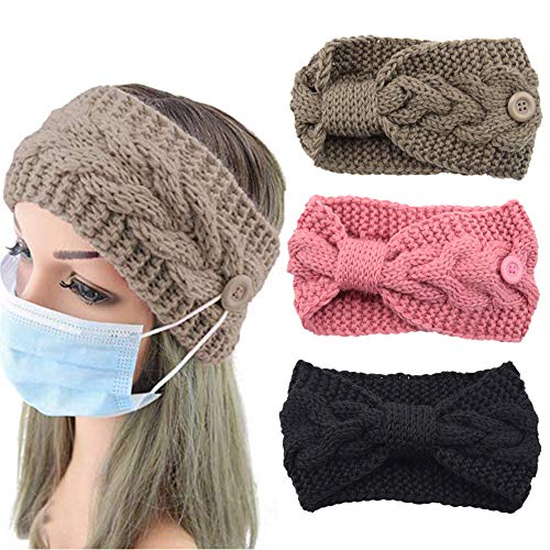 Headbands With Buttons For Face Masks Covers,Button Headbands Ear Saver Headbands Wide Turban Headband Twisted Criss Cross Head Wrap Elastic Hair Band Accessories for Women,Girls Nurses(3 Piece)