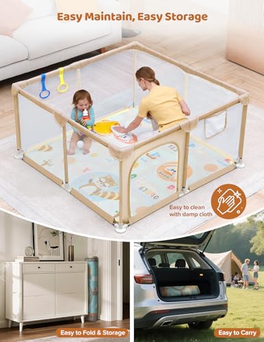 Image of Dripex Baby Playpen with Mat, 47 inchx47 inch Small Play Pen for Babies, Beige