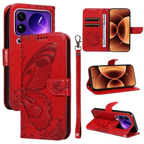 Coque Xiaomi 13 Ultra rouge en cuir de style portefeuille au motif papillon