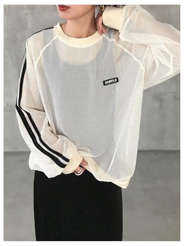 Verdusa Women's Mesh Sheer Oversized Sweaters Striped Raglan Sleeve Pullover Tops4