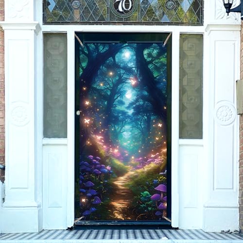 arricraft 1 Pc Enchanted Forest Polyester Door Cover Magic Forest Party Backdrop Banner Door Porch Sign Photography Background for Indoor Outdoor Porch Home Decor Accessories