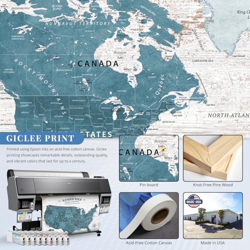 Image of IPIC - Antique Blue World Map & USA Map Canvas Wall Art Set of 2, Travel Wall Decor with Pins Included, Ready to Hang for Office or Living Room, 30x24 Inch
