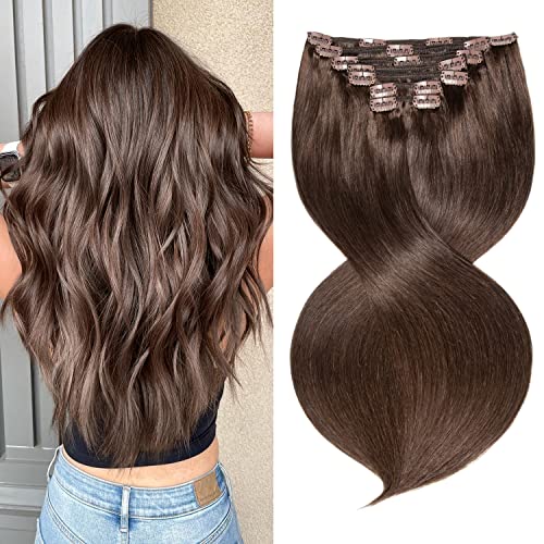 MaxFull Clip in Hair Extensions Human Hair Chocolate Brown, 100% Real Hair Extensions Clip in Human Hair for Women, 7pcs, 16inch, 110g