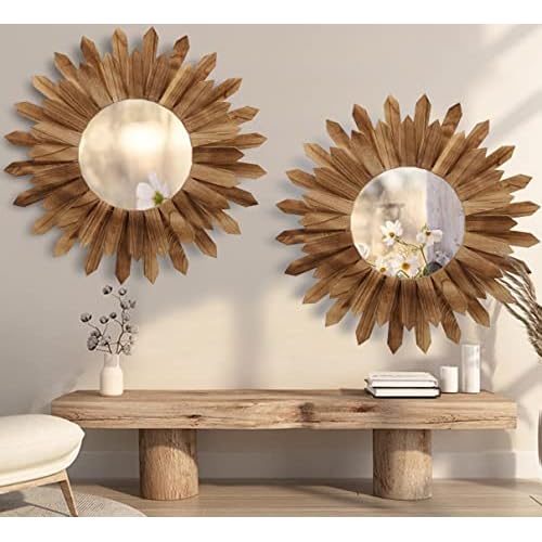 LOSOUR 2 Pack 22 inch Wall Mirror Decorative Rustic Round Wood Mirrors for Wall, Sunburst Boho Wall Art Decor Mirror for Cottagecore Decor Entryway Bedroom Living Room