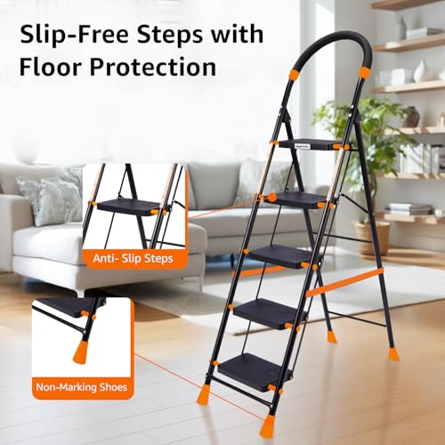 Image of Amazon Basics Curvo-Foldable Step Ladder, Ribbed Steps, Knee Guard, Non-Marring PVC Shoes, 5 Steps (Black & Orange)