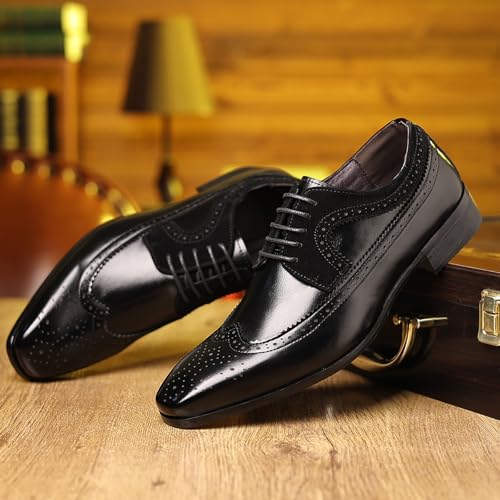 Men's Leather Wingtip Business Formal Oxfords Classic Lace-Up Pointed Toe Dress Derby Shoes for Work Wedding Party Prom3
