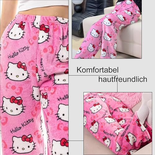SASMoiyug Pyjama Hose Damen, Flanell Schlafanzug Damen lang Set, Pyjamas Hose Weich Kawaii Anime Bequeme Warme Pyjamas Schlafhose Set Home Herbst-Winter Pyjama Hose (L,pink)
