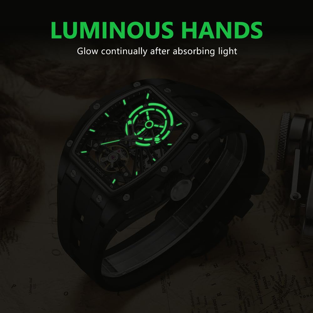 AIMES Montre automatique Tonneau de luxe squelette pour homme - Remontage automatique - Étanche - Analogique - Cadran carré - Grand cadran - Bracelet en silicone