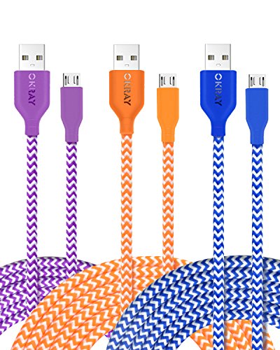 OKRAY 3 Pack Micro USB Cable Android Charger 10Ft Braided Tangle-Free Micro USB 2.0 Charging Cable Sync Cord Compatible with Galaxy S7 S6 Edge J7, HTC, LG G3 G4, Sony, Nokia (Blue Orange Purple)