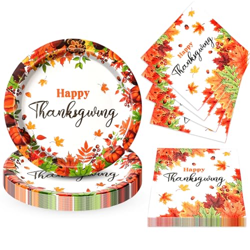 Dereinwo 50Pcs Thanksgiving Paper Plates and Napkins Disposable paper plates for Thanksgiving Party Supplies