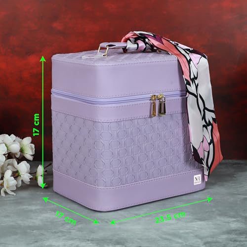 Image of NFI essentials Cosmetic Storage Makeup Bag for Womens Train Case Travel Pouch Organizer Brush Holder Artist Vanity Bridal Trousseau Box for Girls with Silk Scarf Accent