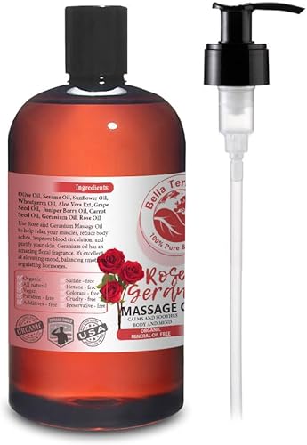 Miniatura 2 de Aceite de masaje de rosa y geranio sin aceite mineral. Terapia de masaje de cuerpo completo de 16 onzas. Alivia el cuerpo y la mente. Fabricado con