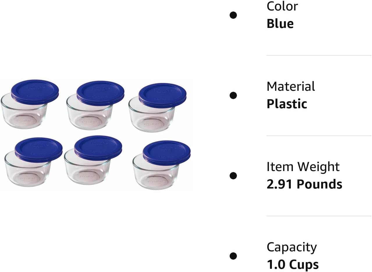 Pyrex Storage 1 Cup Round Dish, Clear with Blue Lid, Pack of 6 Containers