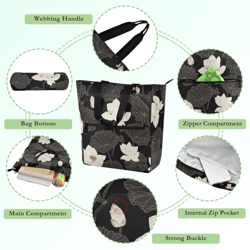 Decorative Cute Book Tote Bag for Kids Adults, Black and White flower Large Library Book Bag Handbag with Zipper Pockets for School Shopping Grocery Rainbow bolsa para llevar libros3