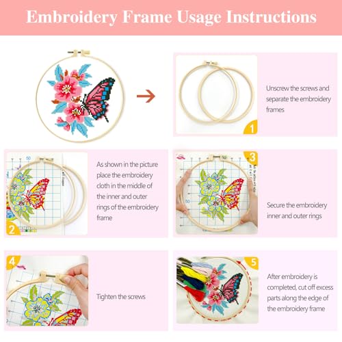 Image of Zhenqing 4-Pack Butterfly Cross Stitch Kits - 11CT 24x24cm Aida Cloth with Blue, Pink & Floral Designs - Vibrant Home Wall Art Decor Set(68121)