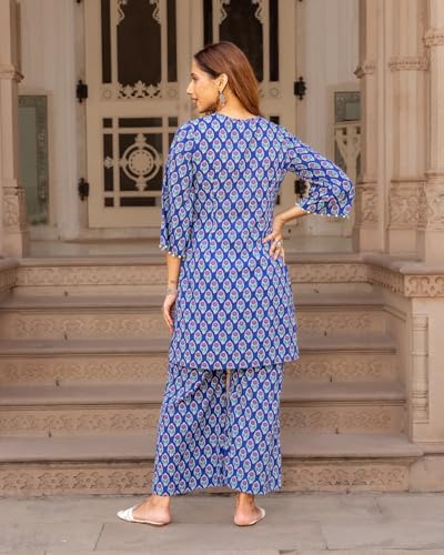 Image of LookMark Women Viscose Rayon Floral Printed Stitched Kurta with Pant | Blue Color Kurta Set | Kurta with Pant Set for Woman | Printed Kurta Set