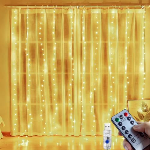 Cortina de luzes natalícias, 3 x 2,7 m, 300 LED cortina de luzes com 8 modos, controlo remoto, temporizador, alimentação USB, IP65 impermeáveis luzes decorativas para o Natal, casamentos, interiores