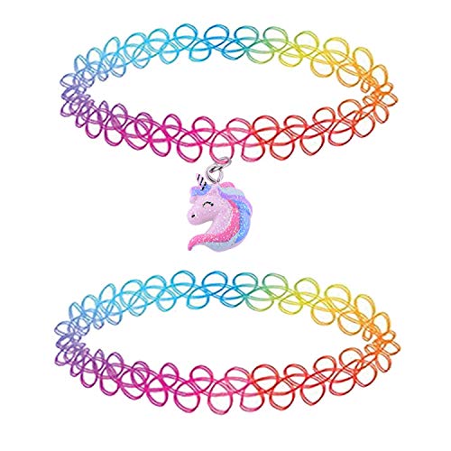BodyJ4You 2PC Rainbow Tattoo Choker Necklace Set - Glitter Unicorn Pink Purple Blue Pendant - Stretchy 90s Henna Chokers Women - Y2K Colorful Aesthetic Jewelry - Clasp Free Stretch Fit