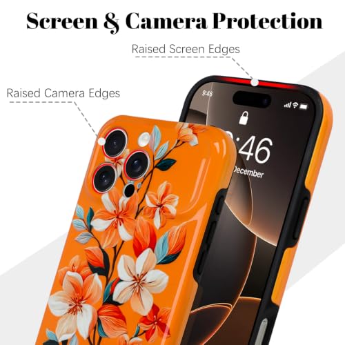 Image of Magnetic for iPhone 16 Pro Max Case for Women Girl, Orange Floral | Stylish Flower Pattern Design [Compatible with MagSafe] [Full Camera Protection] 2-Layer Hybrid Shockproof Glossy Phone Case