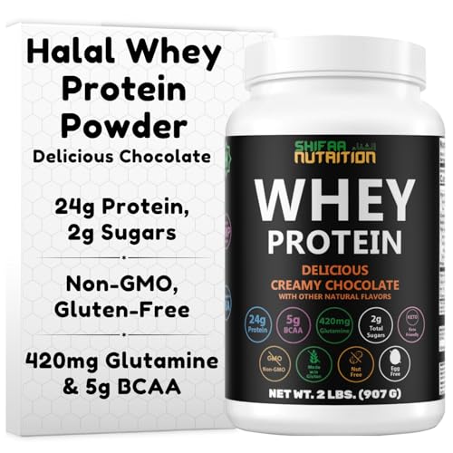 SHIFAA NUTRITION 2 Lbs Halal Whey Protein Powder Creamy Chocolate. 24g Protein, 5g BCAAs & 420mg Glutamine. for Building Lean Muscles & Recovery. Sugar-Free, Keto-Friendly, Gluten-Free, Non-GMO