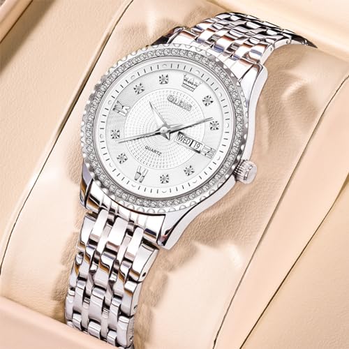 Image of OLEVS Watches Women with Date Silver Stainless Steel Luxury Ladies Watches with Small Writs Diamond Watches for Women Waterproof Elegant Dress Quartz Analog Women's Wrist Watches Reloj de Mujer