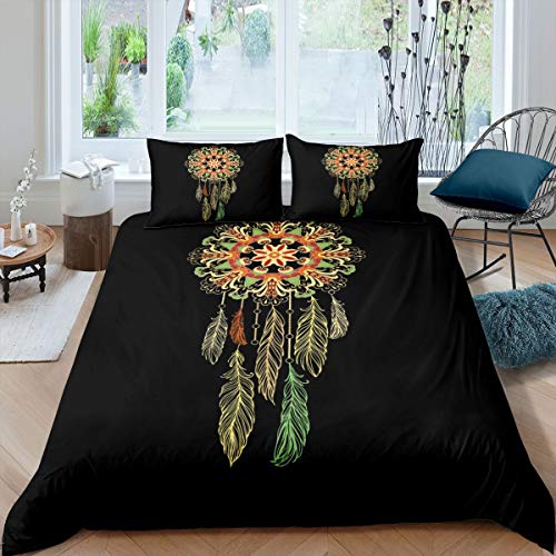 Homemissing Dreamcatcher Bedding Set for Girls Boys Boho Dream Catcher Comforter Cover Indian Feather Duvet Cover Tribal Elements Dark Bedding & Linen King Bedding 3Pcs