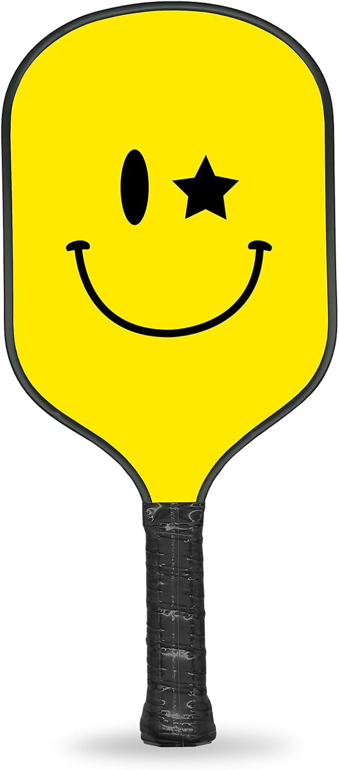 Jill & Ally Smiley Face Pickleball Paddle, Carbon Fiber Materials, 16.5” x 7.5", Extra Long Handle, Vegan Leather PU Grip, Unique Edge Guard All Skill Levels