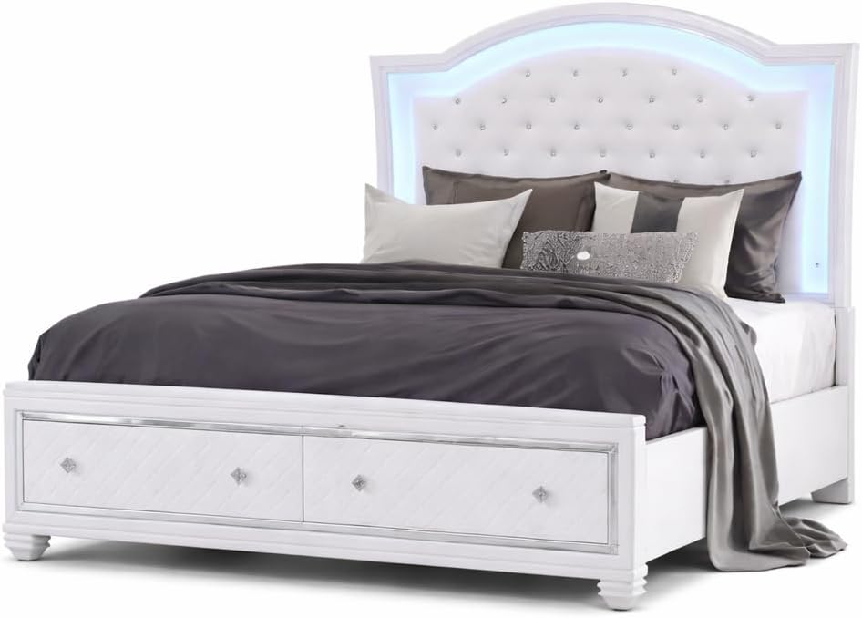 First of a Kind Shiney Contemporary 5 Piece Queen Bedroom Set High Gloss White Finish with Upholstered Headboard, Sleek Modern Bedroom Furniture Set for Coordinated Interiors