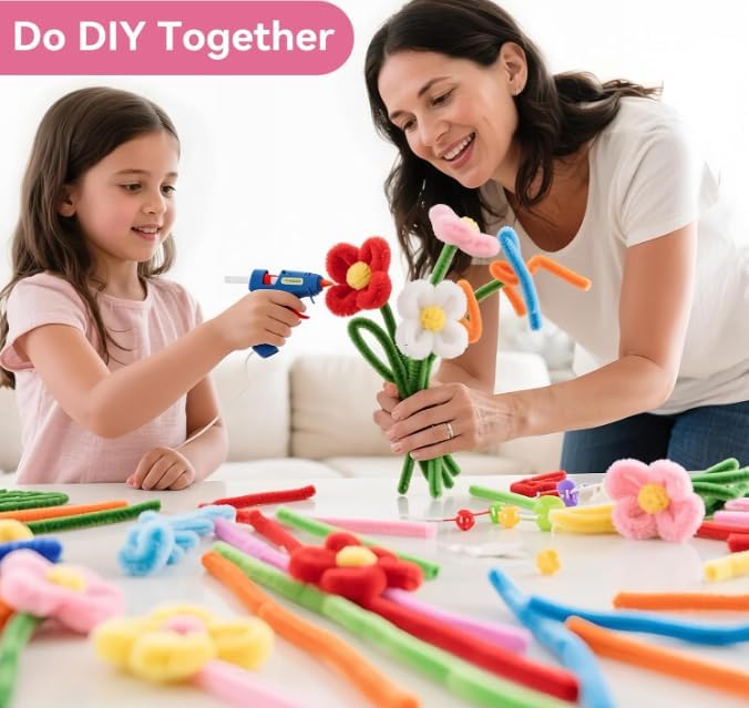 Thick Pipe Cleaners for DIY Flowers & Crafts – 5 Colors Chenille Stems with Glue Guns & Tape Measure Creativity Holiday Room Decorations (yellow, 12in x 8mm) 500 Pcs