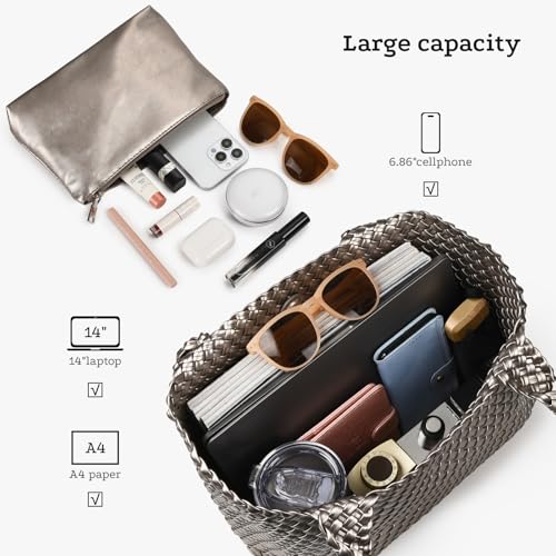 Image of Woven Tote Bag for Women, Large Vegan Leather Tote with Inner Pouch | Soft Woven Texture,Relaxed Style,Shoulder Tote Bag,Unstructured Tote,Casual Woven Handbag,Open Interior,Removable Pouch