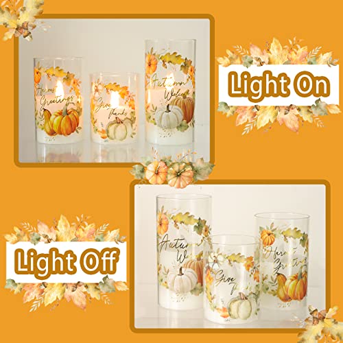 Image of Glass Flameless Candles Flickering Battery Operated with Remote Pumpkin Theme Farm House Realistic Pillar Candle for Fall Decor Havest Celebration Home Party, Set of 3