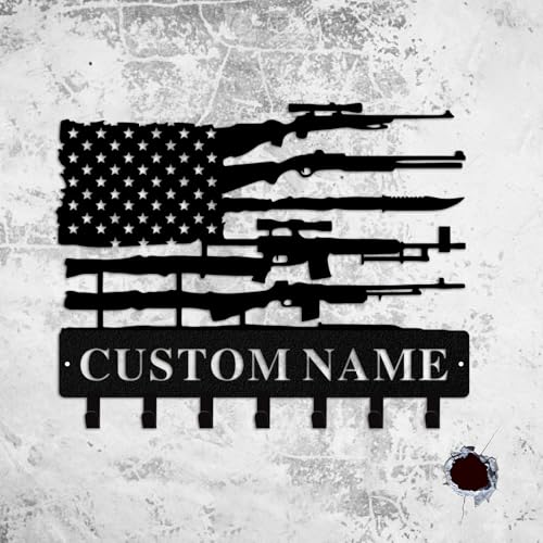 Quanqiuyi Personalized Gun Wall Hooks Custom Name Metal Gun Art Key Holder for,Fourth of July Independence Day, Front Door Hallway Bedroom Storage