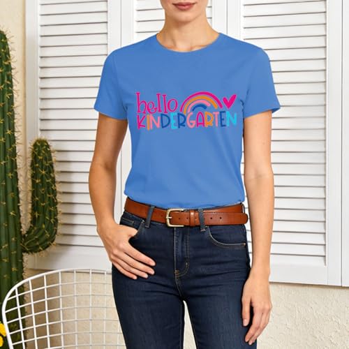 Image of Kindergarten Teacher Shirts for Women-Rainbow Heart Short Sleeves | Cute Back to School Shirt Great for Preschool Educators Classroom Daily Work First Day Celebration Events