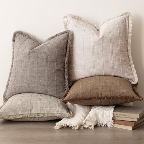 Image of Foindtower Set of 2 Decorative Linen Check Fringe Throw Pillow Covers Farmhouse Vintage Cushion Covers Modern Boho Home Decor for Sofa Chair Couch Bedroom Living Room,18x18 Inch,Tan Taupe