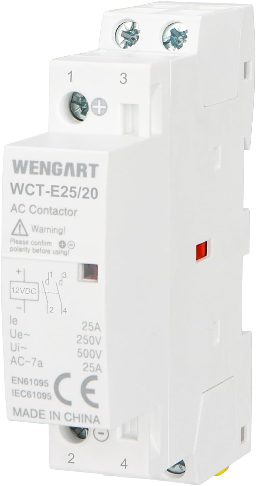 Wengart DC 12V Coil Contactor, 25 Amp 2-Pole Normally Open (2NO) Noise-Free DC Contactor for RV, Solar & Intelligent Systems, 35mm DIN Rail Mount Energy Saving Household Switch, WCT-E25